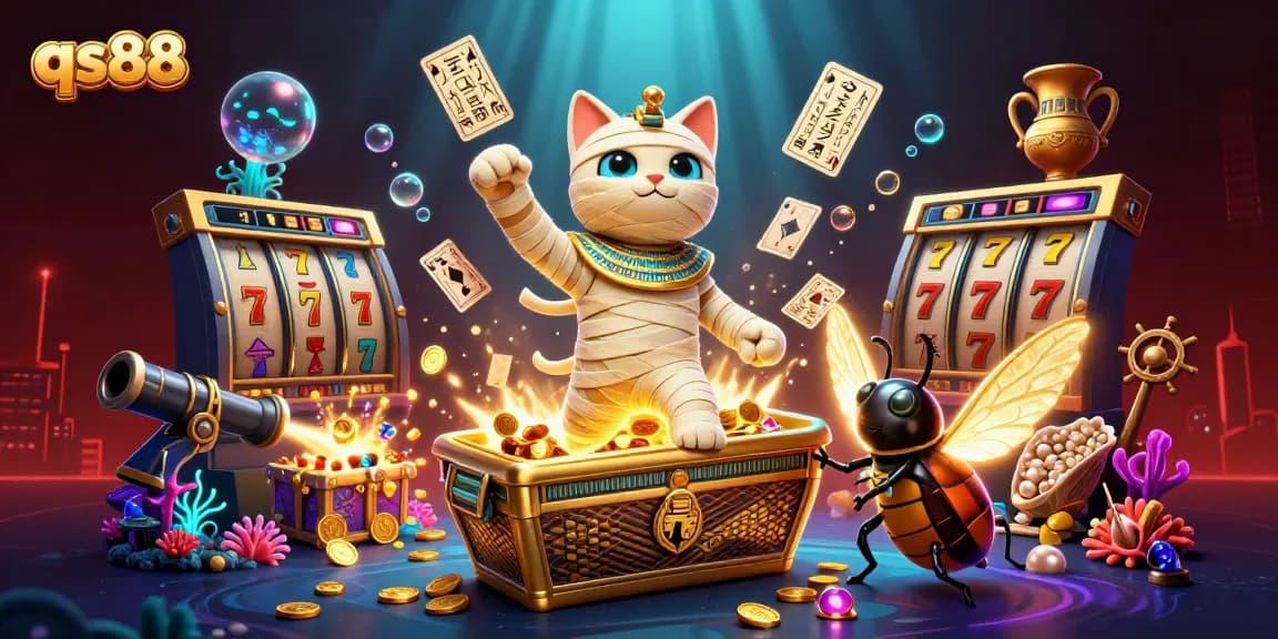 Join the excitement at qs88 with the Egyptian mummy cat and golden treasures in this vibrant casino scene.