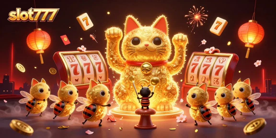 Experience thrilling gameplay with slot777, featuring a giant lucky cat and casino symbols.