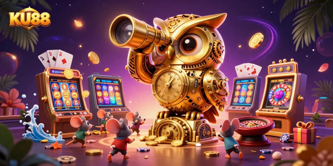 Engage in thrilling gameplay at KU88 with a vibrant 3D scene featuring an owl and casino elements.
