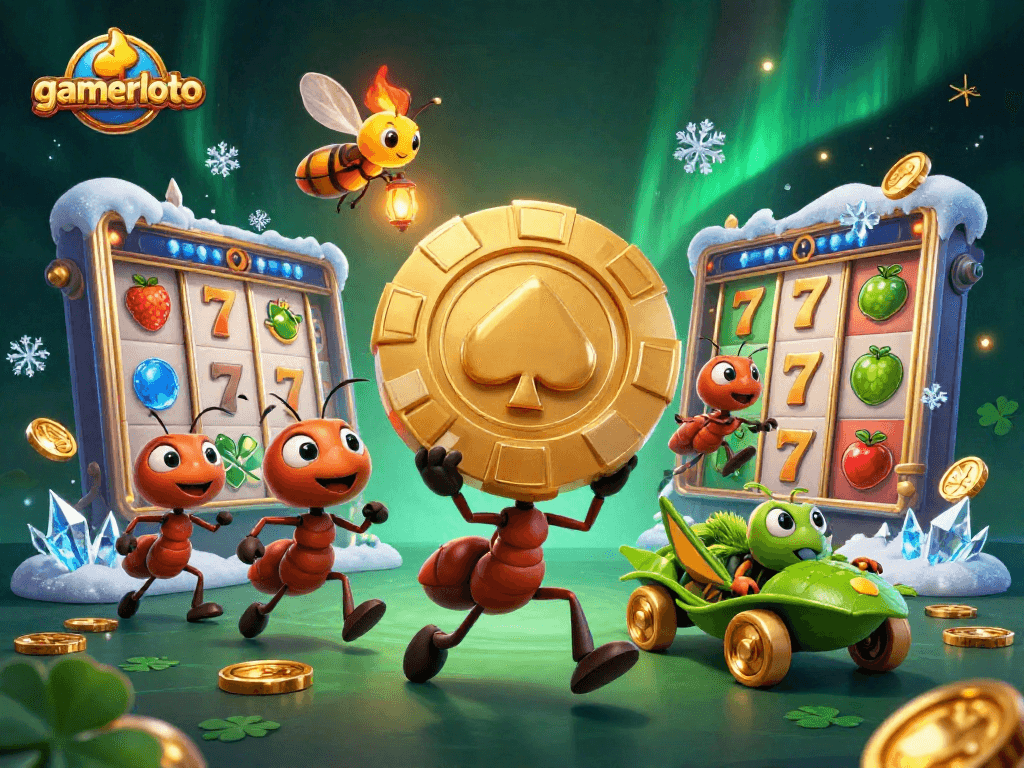 Engaging illustration of gamerloto's playful heist with ants and gaming themes.