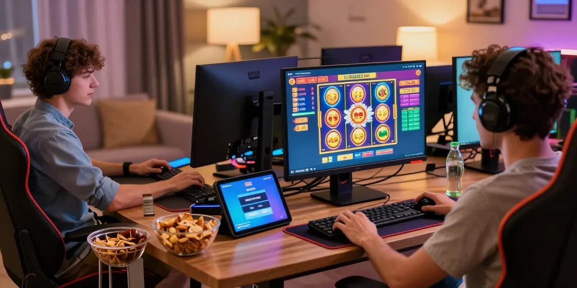 Exciting online gaming with players enjoying depo pulsa 10k tanpa potongan, colorful slots displayed on screens.