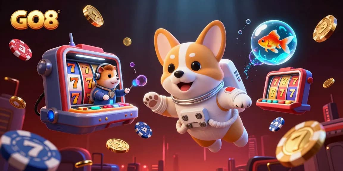 GO8 offers exciting slots with vibrant characters and gold coins floating in a casino space.