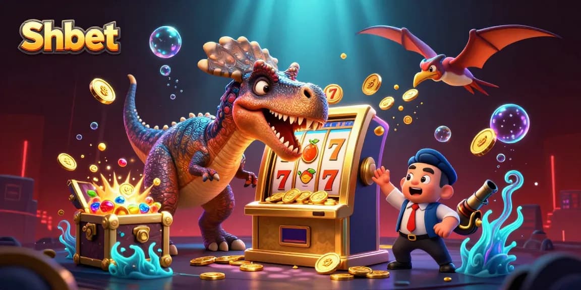Shbet showcases an entertaining scene of dinosaurs engaging at a casino, exemplifying excitement and gaming.