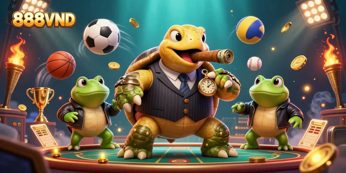 Experience thrilling gaming at 888VND with a vibrant 3D casino scene featuring colorful sports elements and engaging characters.