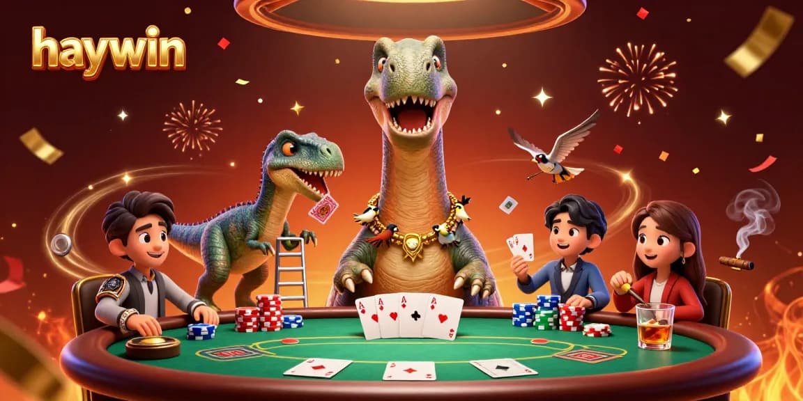 Join the fun at Haywin as players enjoy poker with a whimsical brontosaurus dealer!