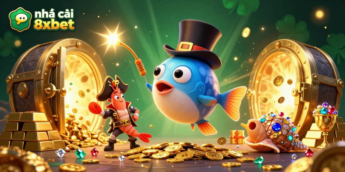 Unveil treasures with nhà cái 8xbet in a vibrant underwater casino scene featuring glowing coins and character camaraderie.