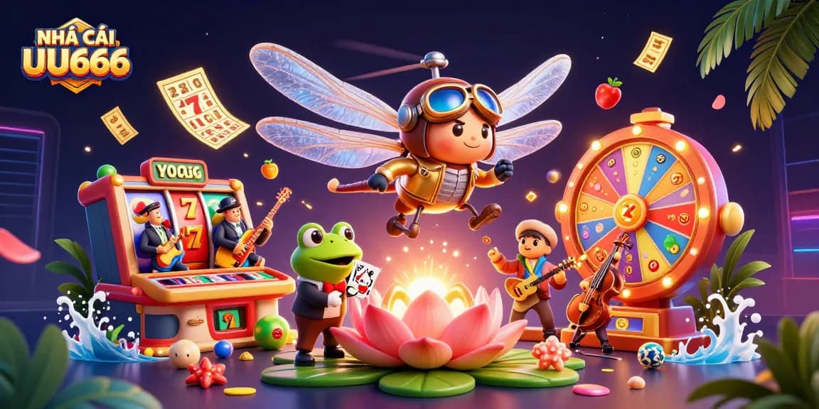 Experience the thrill at NHÀ CÁI UU666 with vibrant dynamic casino elements featuring colorful slots and engaging characters.