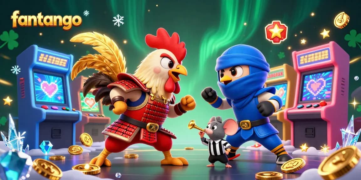 Engage in the exciting action of fantango with dynamic fighting roosters amid dazzling casino elements.