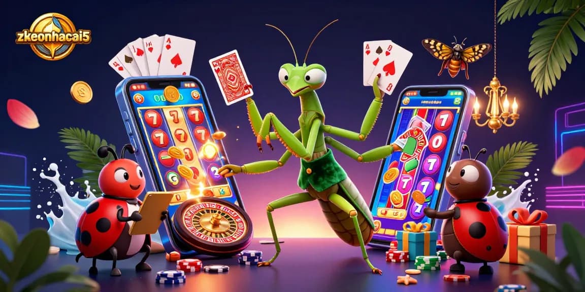 Experience zkeonhacai5's thrilling slot games with a vibrant 3D casino illustration featuring unique characters and game elements.