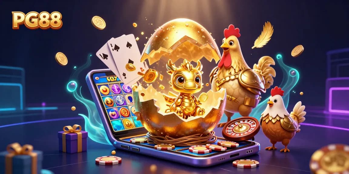 Experience thrilling wins on PG88 with a fun baby dragon and exciting slot elements bursting from a smartphone.