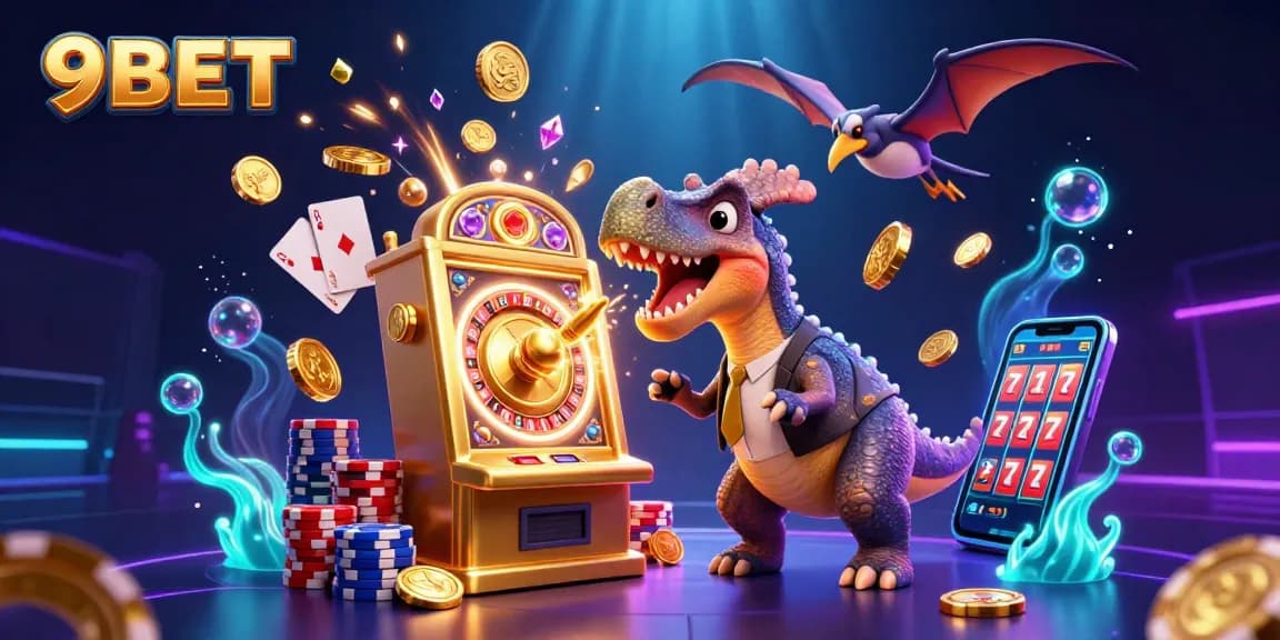 9BET slot machine jackpot scene with cartoon dinosaurs and cascading gold coins.