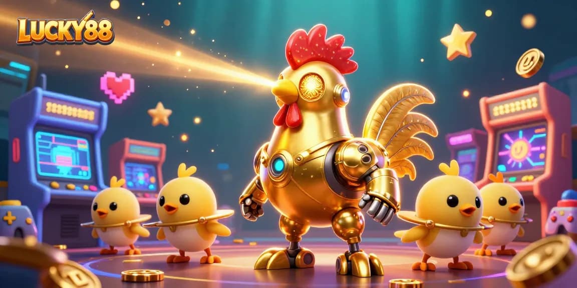 Lucky88 offers thrilling arcade action with golden rooster robots and colorful game elements