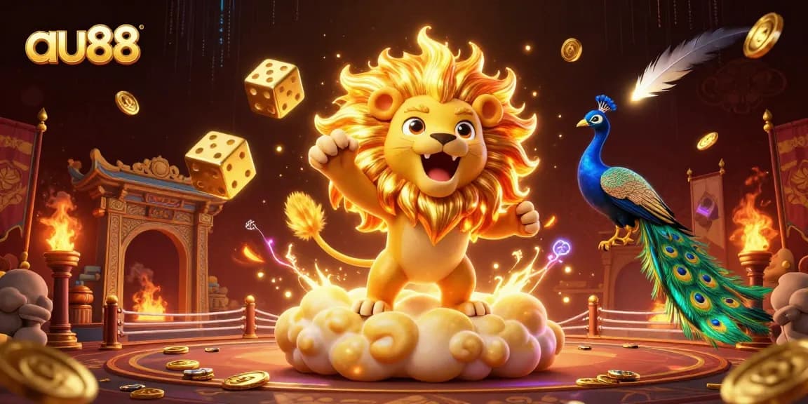 Win at AU88 with the sun lion and cascading gold coins in this vibrant casino scene.
