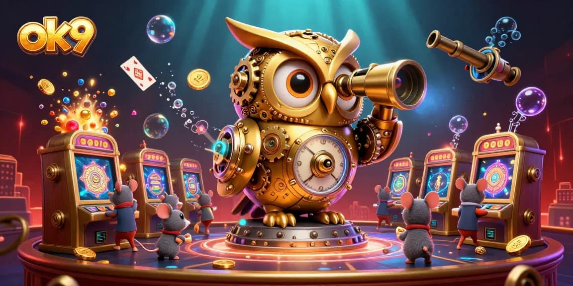 Experience thrilling ok9 gaming action with a vibrant 3D illustration of a golden owl on a casino floor.