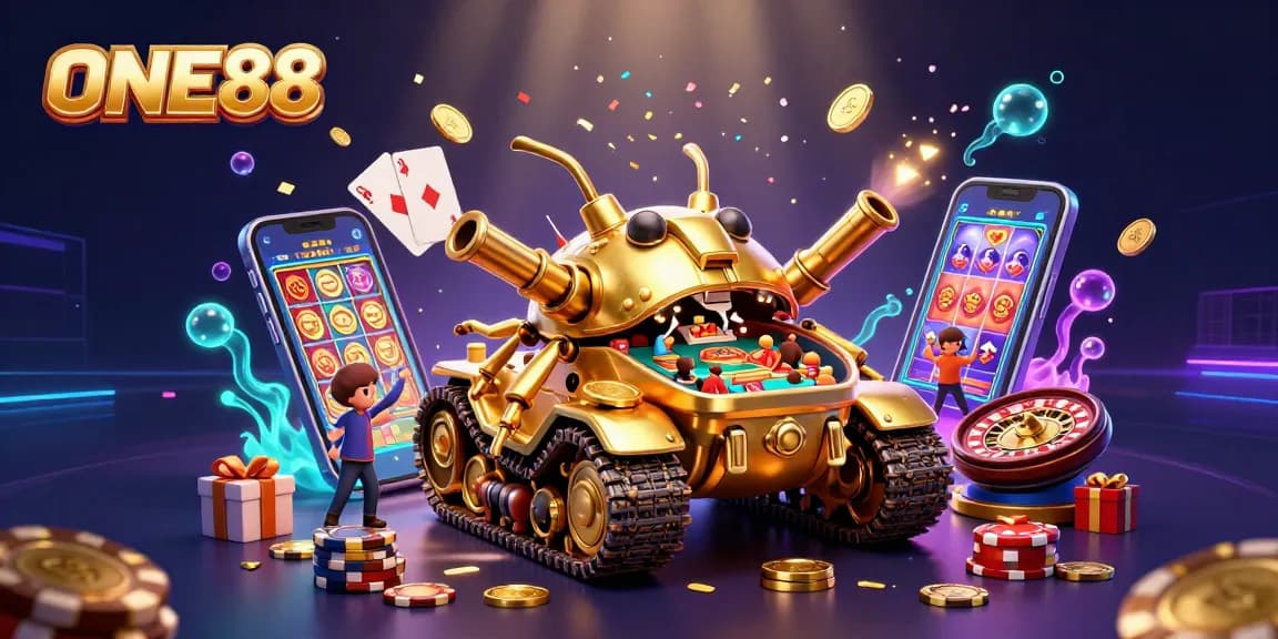 Engage in thrilling gameplay at ONE88 with a dazzling casino-themed golden beetle tank illustration.