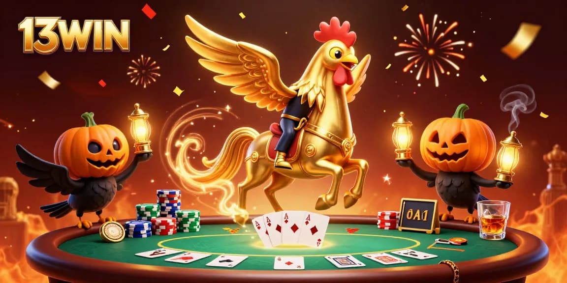 Engage in thrilling gameplay with 13WIN as a golden rooster cavorts through a vibrant casino scene.