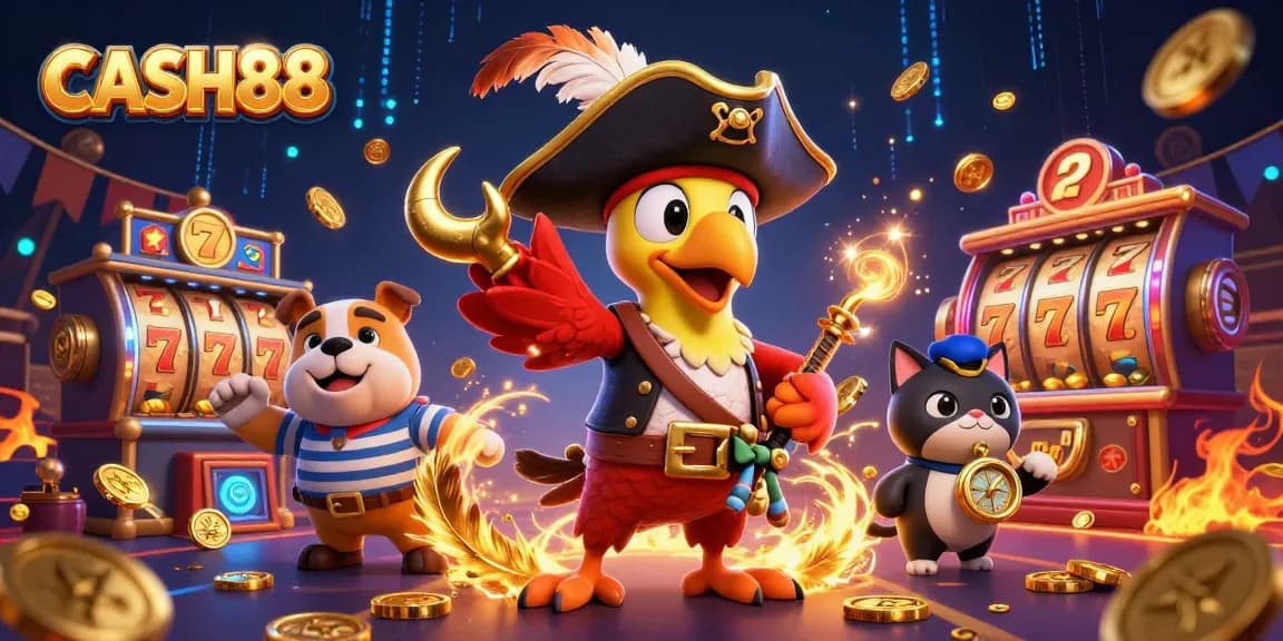 CASH88 features a lively scene with pirate and companions in a casino atmosphere, showcasing slot reels and gold coins.