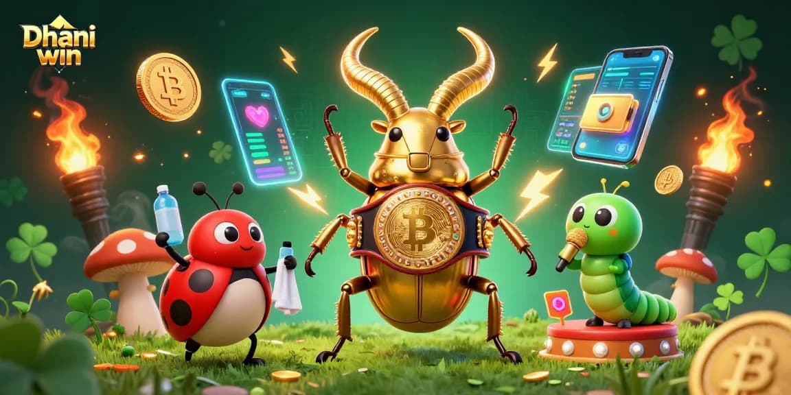 Dhani win platform showcases thrilling gambling action with a golden beetle champion and captivating visuals.