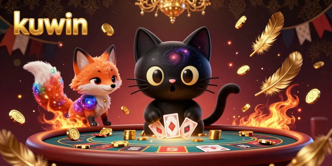 Kuwin pulls in golden chips and cards at a cosmic casino table surrounded by vibrant game elements.