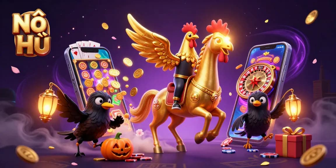 Nổ Hũ game scene featuring a golden rooster on a spectral horse amidst vibrant casino elements