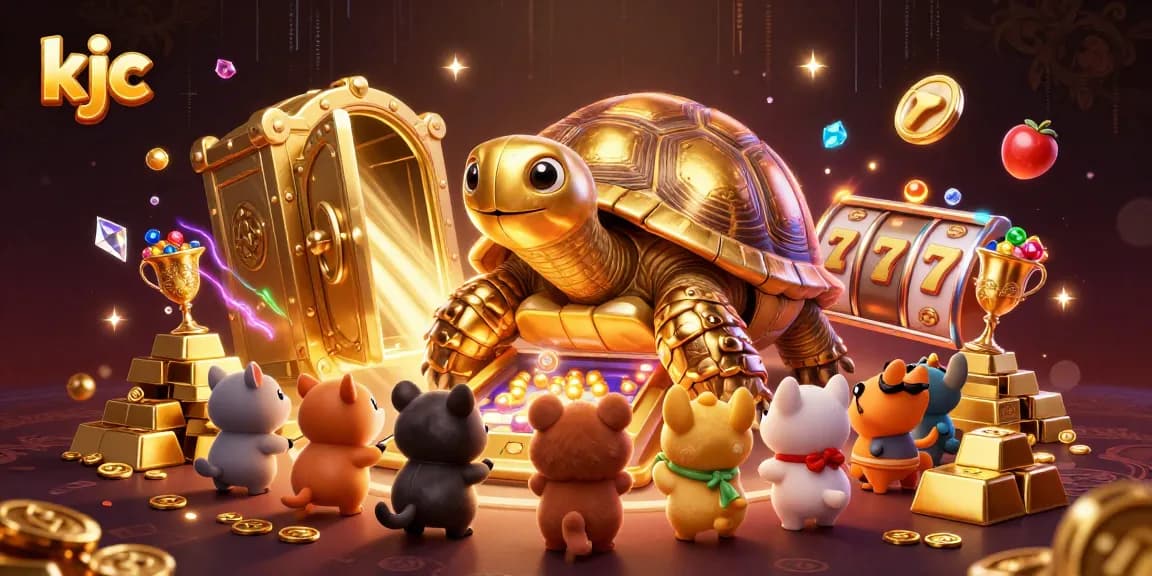 KJC's thrilling gaming scene with a golden tortoise pinball machine surrounded by joyful animals and treasures.