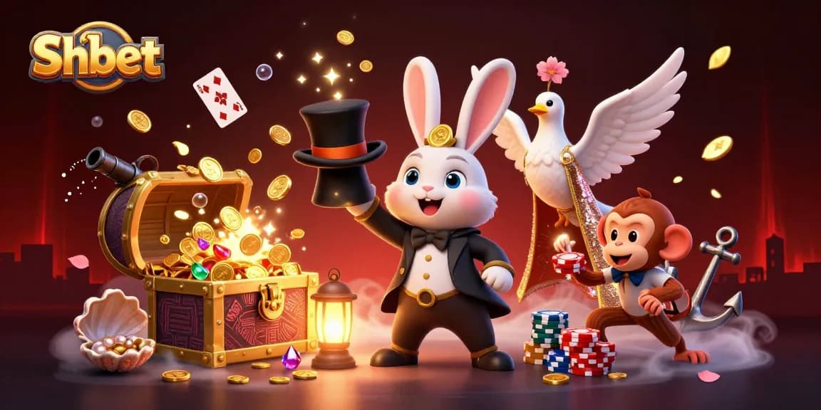 Experience Shbet's thrilling casino action as a magician rabbit pulls in golden coins amidst glittering games.