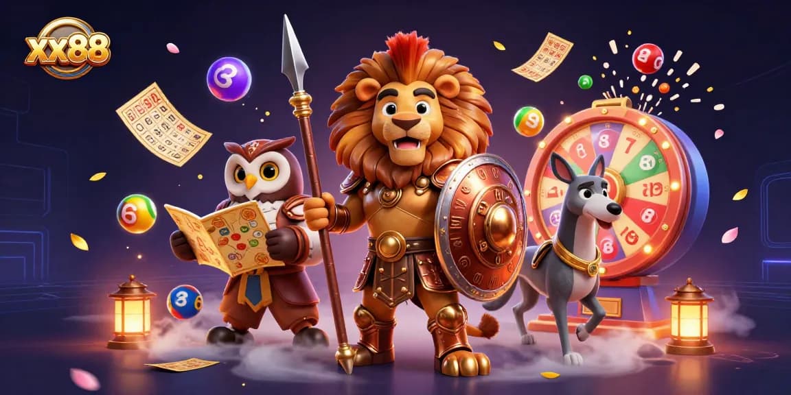 Engage in thrilling casino action with xx88 featuring a Spartan lion and vibrant game elements.