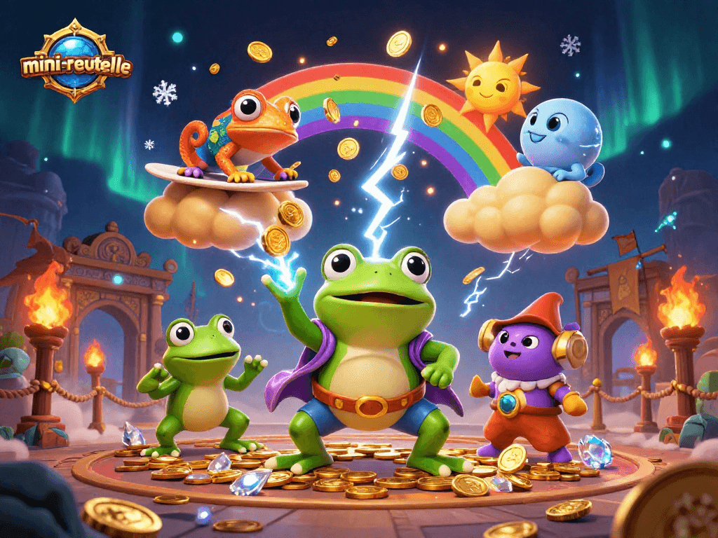 Engage with mini-roulette excitement as a wizard frog conjures coins amidst chameleons in a colorful casino.