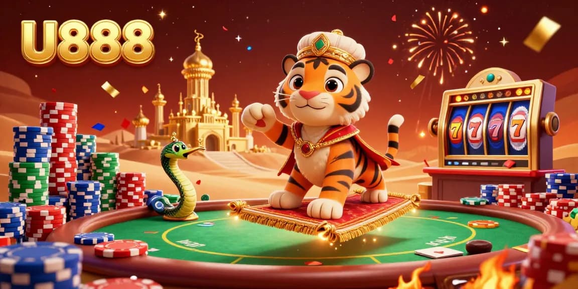 Experience thrilling wins at U888 with a vibrant scene of gambling elements and festive celebration.