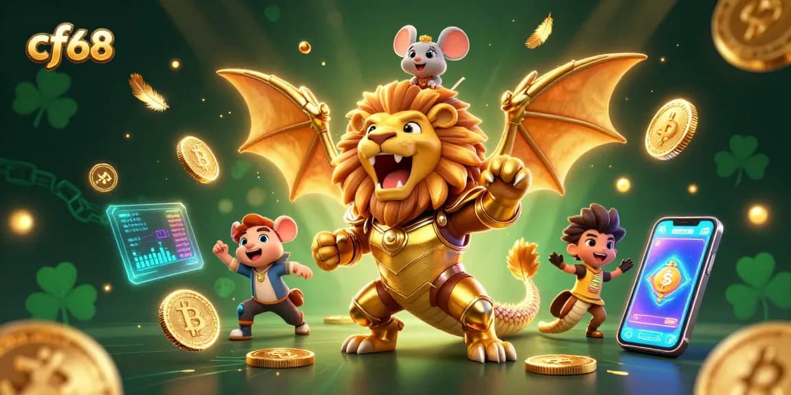 Engage with exciting cf68 casino games featuring a triumphant chimera and crypto symbols.