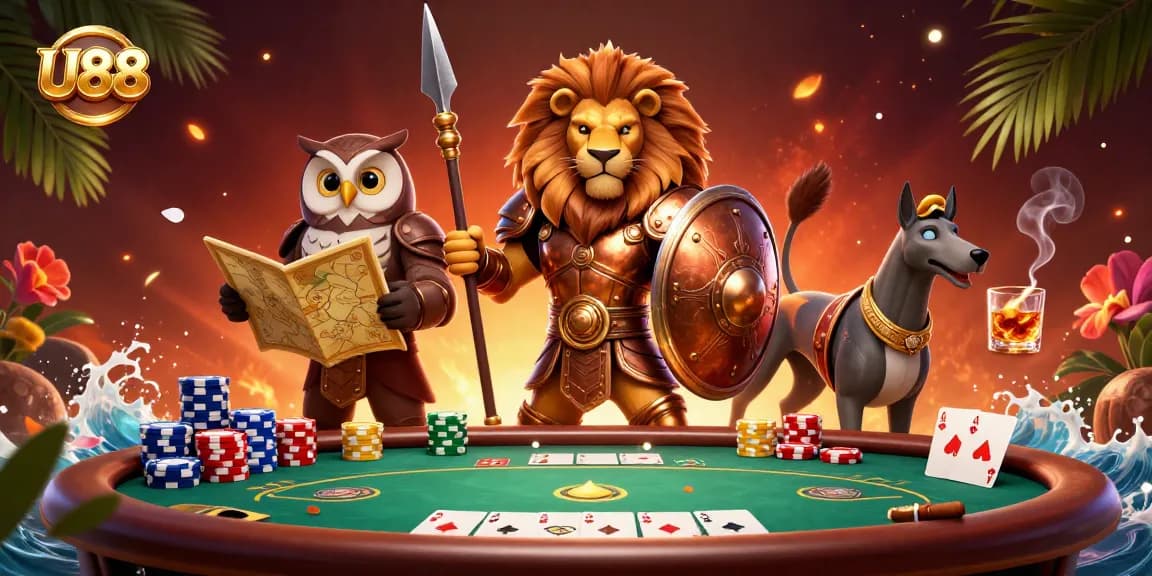 Experience the thrill of U88 with a vibrant 3D casino scene showcasing poker and gambling elements.