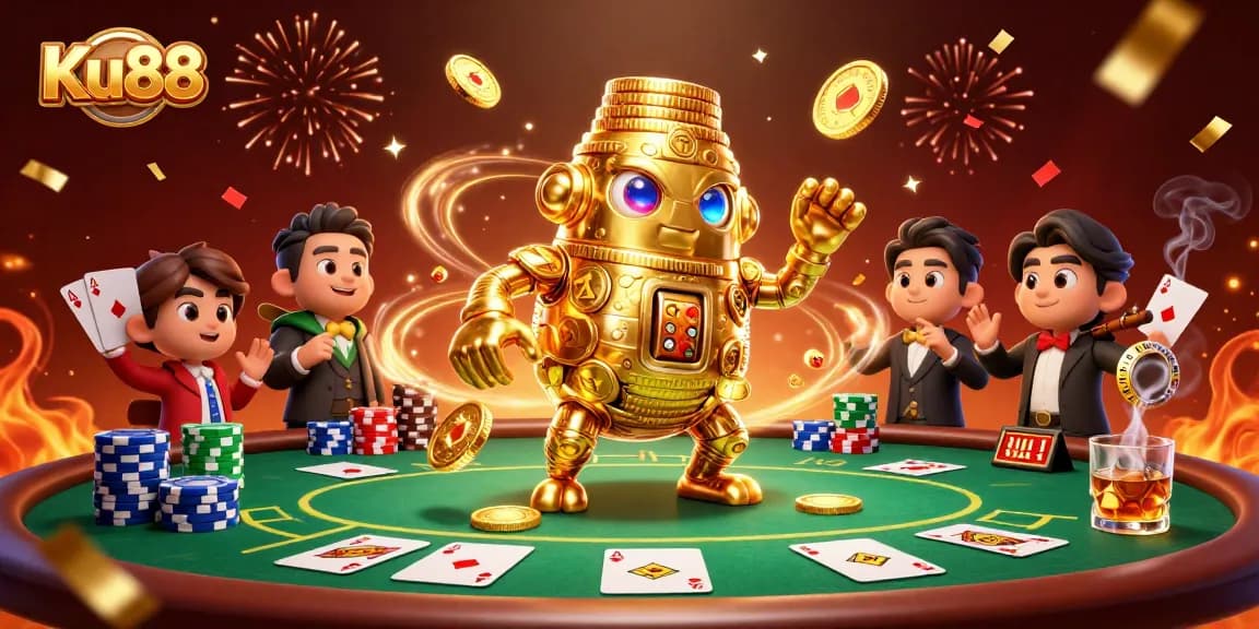 Experience thrilling wins with Ku88's vibrant 3D casino scene featuring a golden golem.