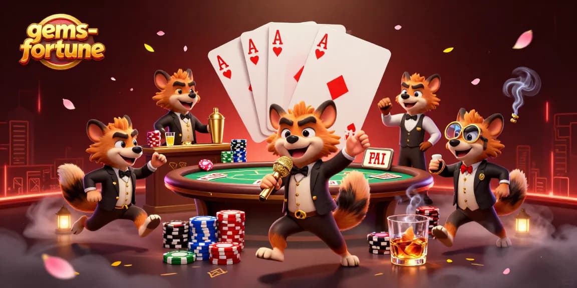 Experience gems-fortune with a dynamic cartoon hyena comedy casino scene filled with gaming excitement.