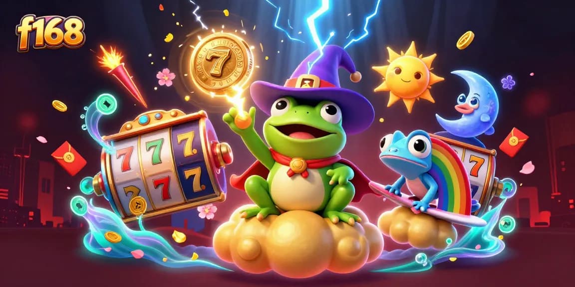 Experience the magic of f168 with a wizard frog, coins, and vibrant game elements in this dynamic casino scene.