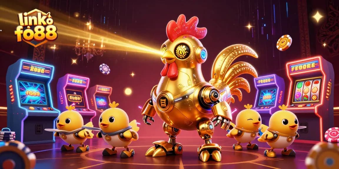 Engage with thrilling gameplay at link vào fo88, featuring a golden rooster robot amidst vibrant casino elements.