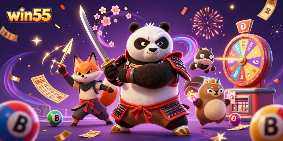 Play and win55 with exciting samurai panda and ninja fox in this vibrant casino scene.