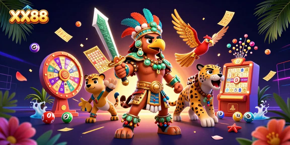 Engage with exhilarating games at XX88 featuring Aztec warriors in a vibrant casino scene.