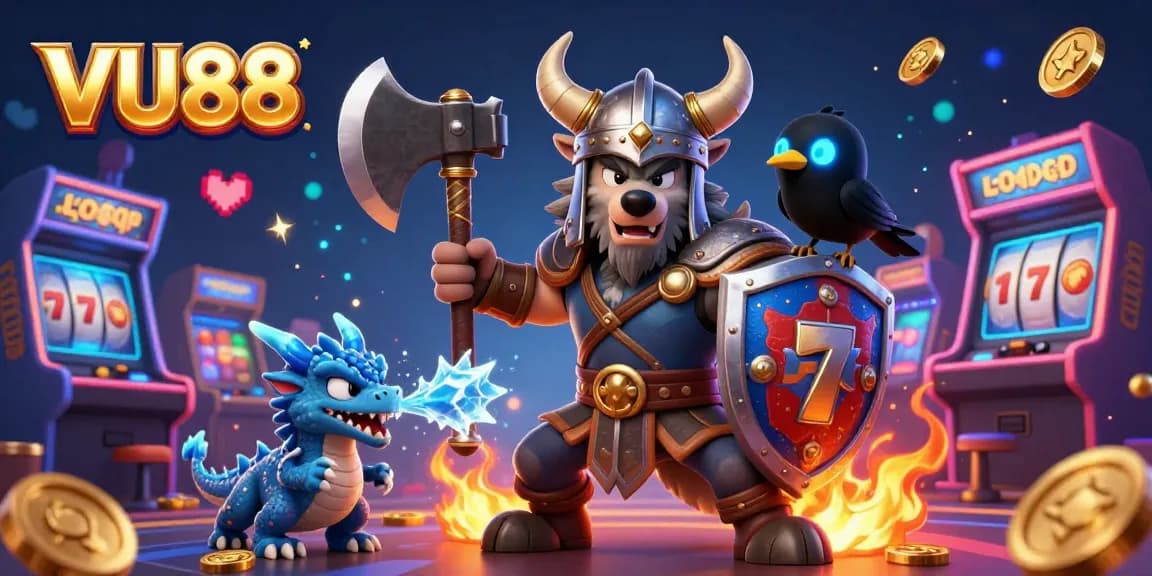 Experience the thrill of VU88 with a cartoon Viking warrior, a dragon, and energetic casino elements.