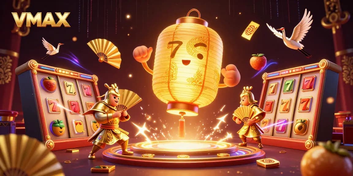 Experience thrilling VMAX gaming with a magical lantern spirit at a vibrant casino scene filled with dynamic slot elements.