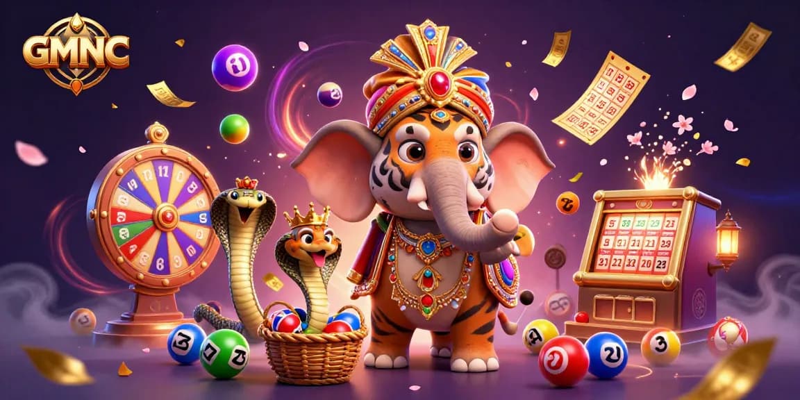 Experience GMNC's thrilling gaming universe with a vibrant 3D Indian maharaja and dynamic lottery elements.