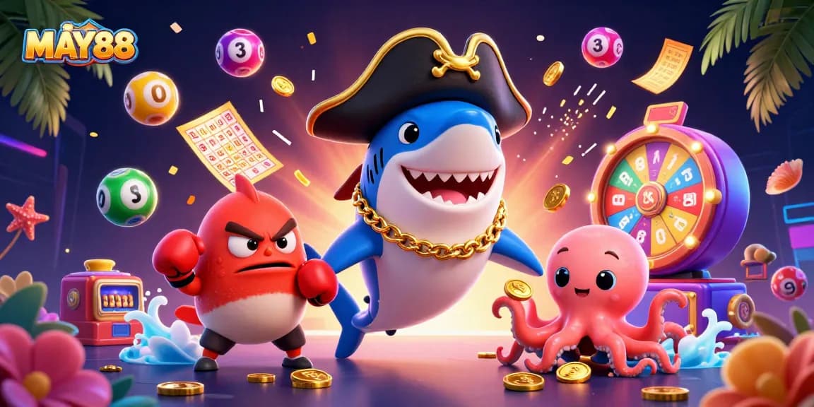 MAY88 showcases a vibrant 3D casino scene with colorful lottery balls and animated characters celebrating wins.