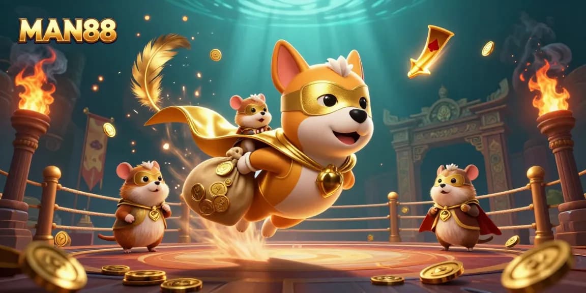 Engage with MAN88's thrilling world as the flying superhero dog and hamster deliver gold coins in a vibrant casino.