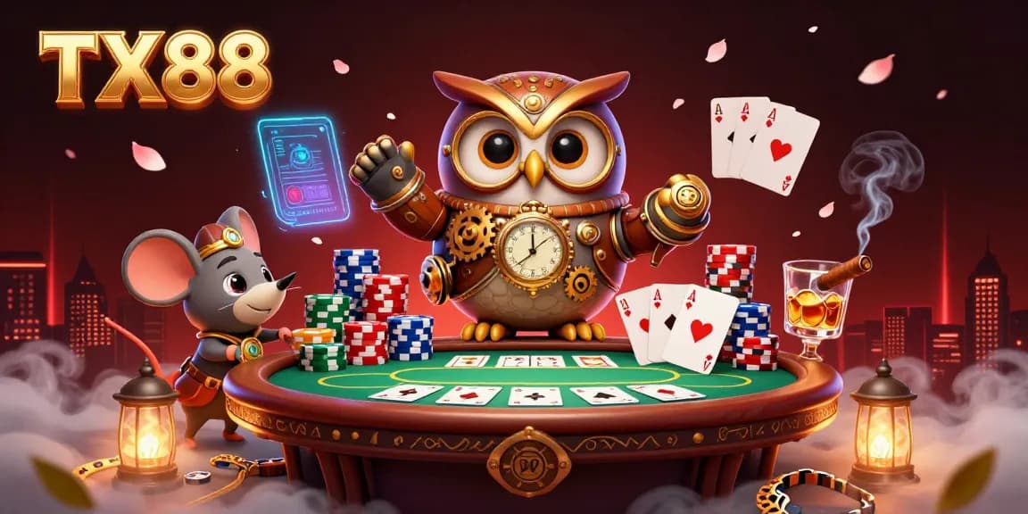 Engage with the TX88 steampunk casino scene full of poker action and vibrant details.