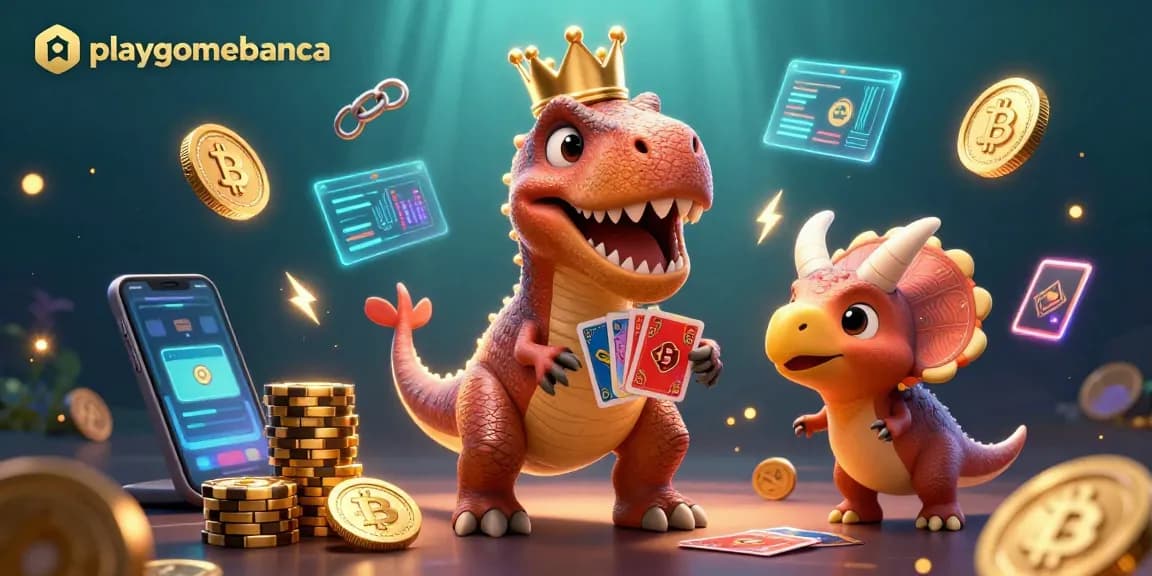 Join playgamebanca's animated casino adventure with a T-Rex shuffling cards and crypto coins flying!