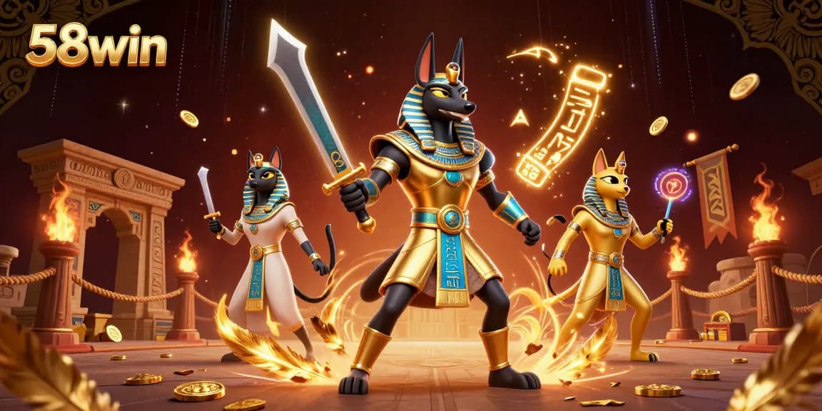 Experience thrilling games at 58win with Anubis and Bastet in a vibrant casino scene.