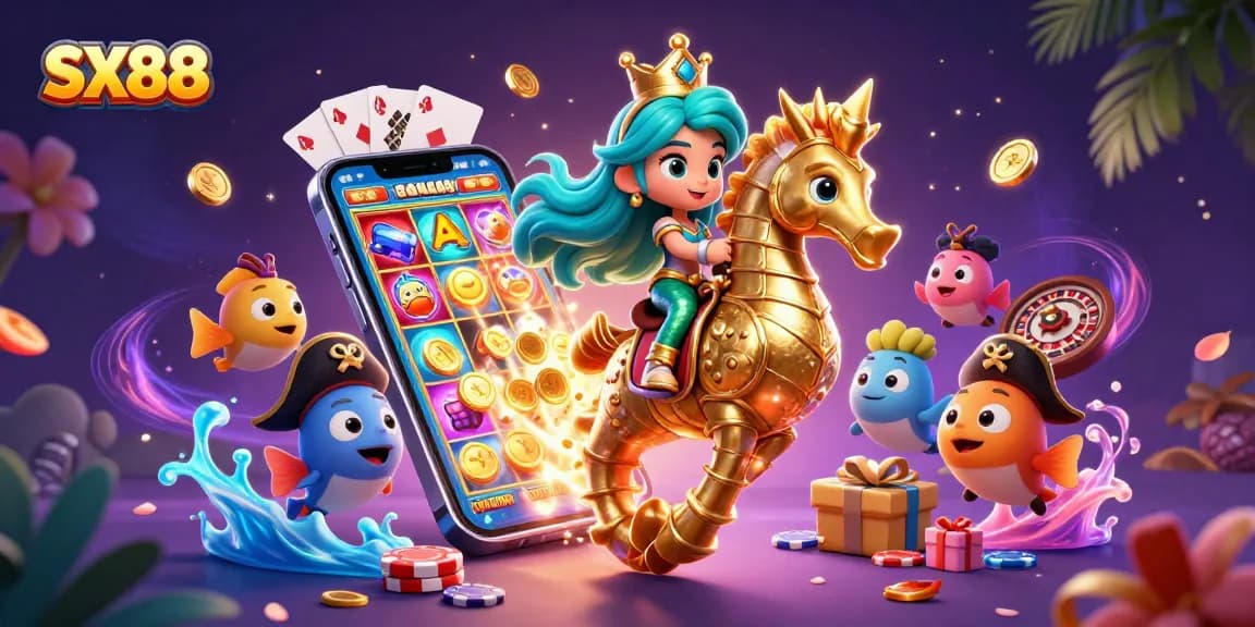 SX88 offers exciting gameplay with a captivating mermaid princess, giant seahorse, and dynamic casino elements.