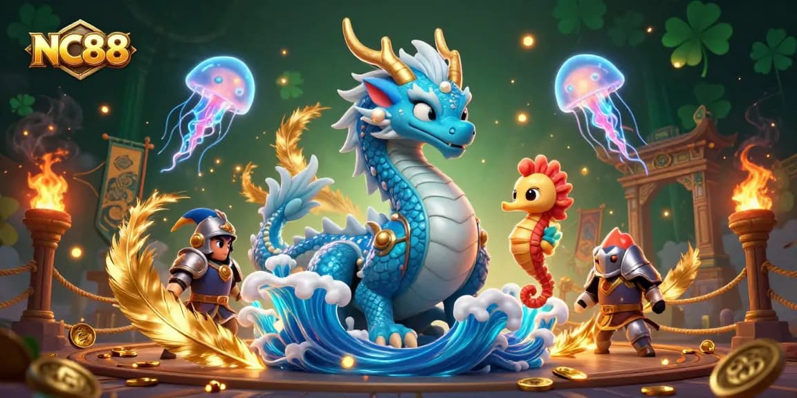 Experience the thrill of NC88 with a majestic dragon, seahorse knight, and vibrant jellyfish in a dynamic gaming scene.