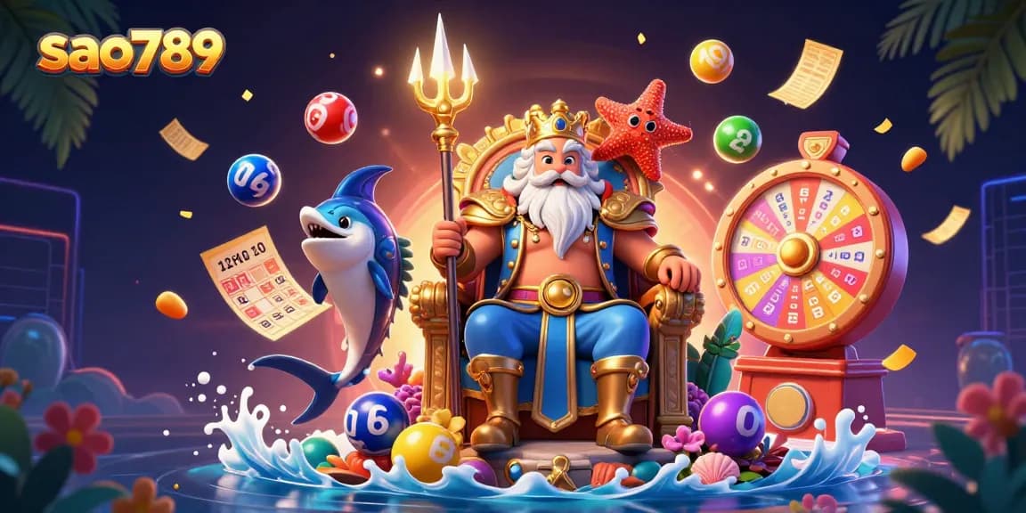 Engage in exciting gameplay at sao789 with colorful lottery elements and Neptune, creating a thrilling casino atmosphere.