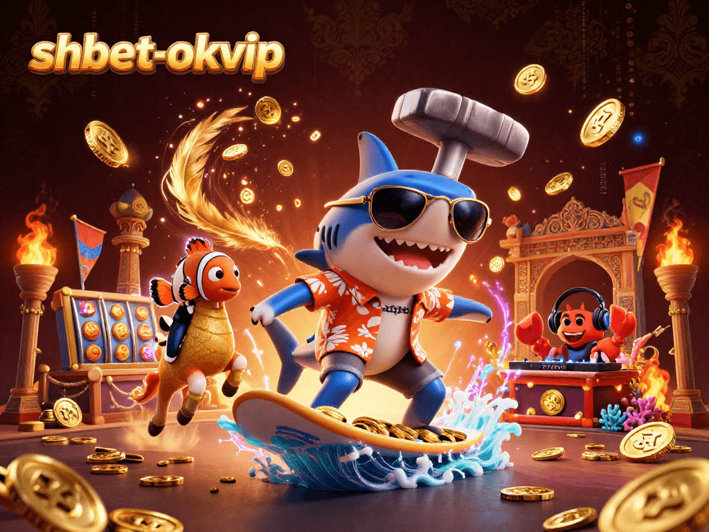 Engage in thrilling gameplay at shbet-okvip with a vibrant 3D casino scene featuring unique characters.