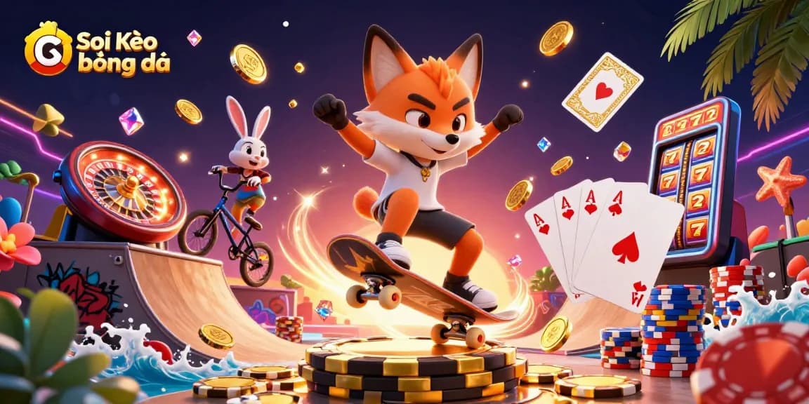 Soi Kèo bóng đá depicts a colorful scene featuring a skateboarder fox and a BMX rabbit in an exciting casino-themed environment.